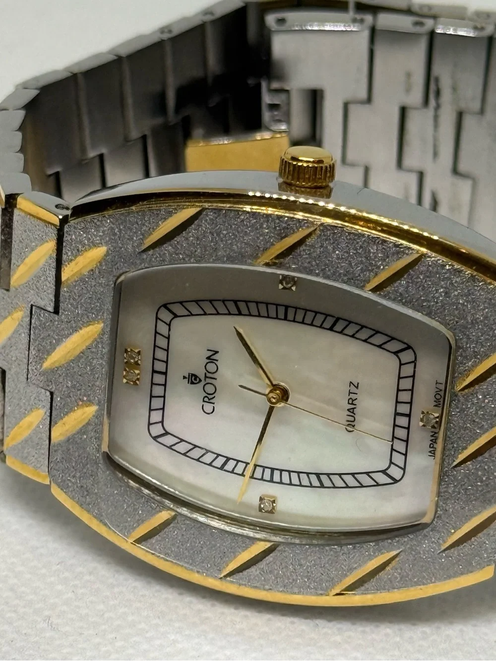 Croton Two-Tone Gold and Silver Rectangular Mother-of-Pearl CZ Diamonds Watch